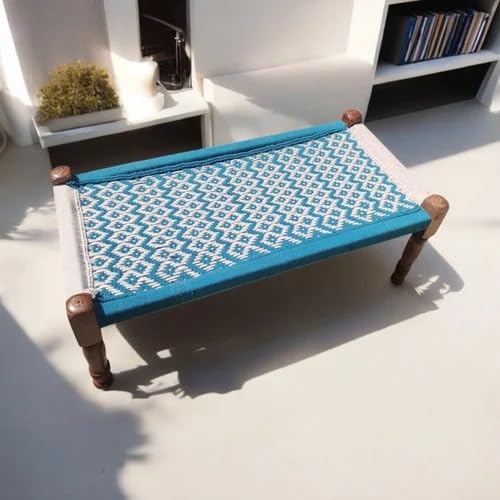Image of Handwoven Wooden Bench | Traditional Rope Charpai Stool | Solid Wood Frame Seating for Living Room, Balcony & Outdoor | Durable & Stylish Design ((Blue & White Finish))