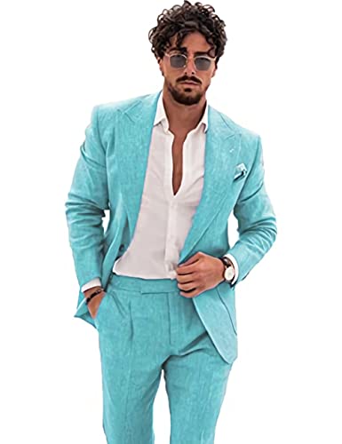 Wangyue Linen Suit for Men Casual Slim Fit Vintage Suits Groomsmen Suits Wedding Summer Beach Blazer Pants Set