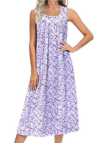 Image of Ekouaer Cotton Nightgowns for Women Long Night Gown Tank Sleeveless Sleepdress Victorian Nightdress Soft Sleepwear Purple Abstract Dots XX-Large