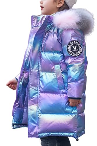 WIEAYUMEI Fille Manteau Longue Epais Blouson à Capuche Doudoune Chaud Veste Enfant Hiver Fourrure Matelassé Parka Vêtements de Ski Violet 9-10 ans