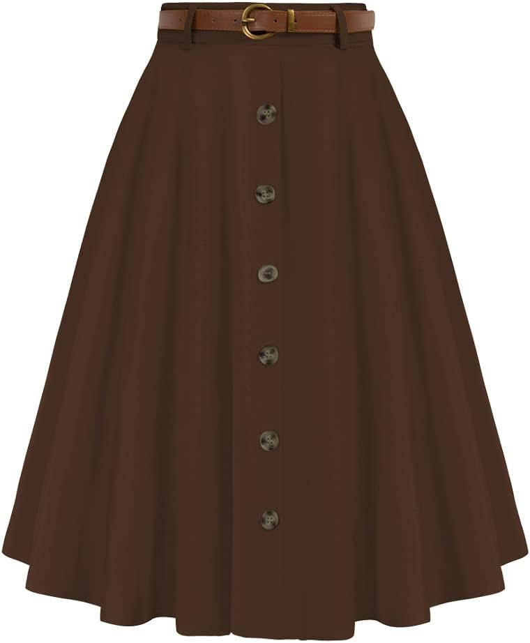 Belle Poque Women's Vintage Stretch High Waist A-Line Flared Midi Skirts with Pockets & Belts