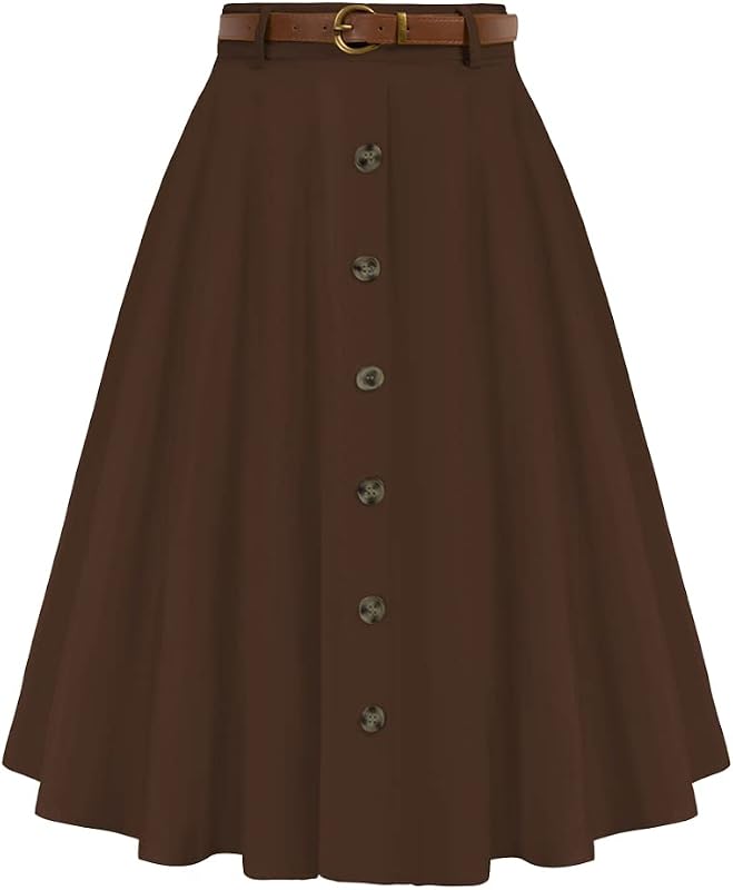 Women's Vintage Stretch High Waist A-Line Flared Midi Skirts with Pockets & Belts