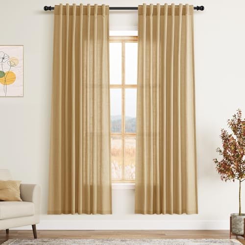 Image of Gold Yellow Linen Curtains 72 Inch Length for Living Room Sheer Lightweight Door Drapes 2 Panels Set for Kids Bedroom Light Filtering Back Tab Rod Pocket Curtain for Kitchen Protect Privacy 52x72