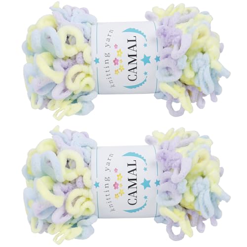CAMAL 2 Pack Loop Yarn for Finger Knitting Soft Fluffy Finger Rainbow Yarn Chunky Chenille Plush Yarn for Crocheting Blanket, Rugs, Scarfs, DIY Handbags, Hand Crafts(Macaroon)