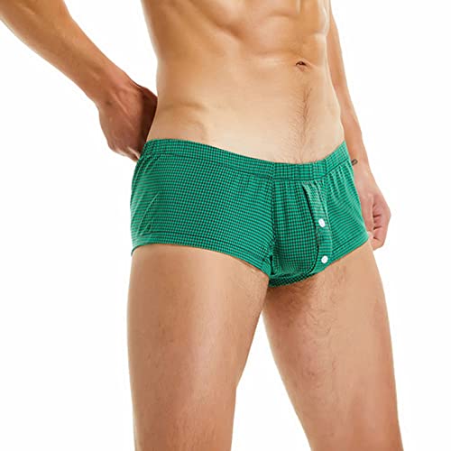 Men's Plaid Boxer Shorts Underwear Casual Button Down Boxer Briefs Men Sexy Low Waist Loose Fit Breathable Panty Green #TOP3