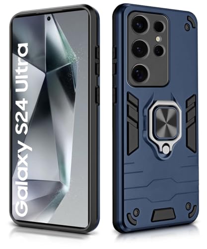 Image of WOW IMAGINE Shock Proof Back Case Mobile Cover for Samsung Galaxy S24 Ultra 5G | Back Cover Case (Tough Armor | Hybrid PC + TPU | Ring Holder & in-Built Kickstand | Blue)