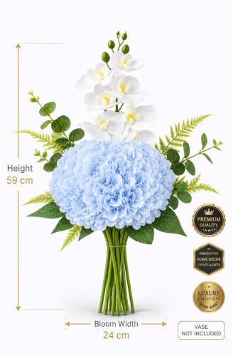 Image of Divyakosh Artificial Flowers Bunch (Vase Not Included). Artificial Flower for Vase, Flower Bouquet Gift, Sky Blue Hydrangea & White Orchid Artificial Flower Arrangement for Living Room, Office