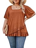 Angelips Womens Plus Size Tops Dressy Casual Blouses Square Neck Ruffle Hem Tunic Summer Trendy Flowy Going Out Shirts Short Bell Sleeve 2025(09 Caramel,4XL)