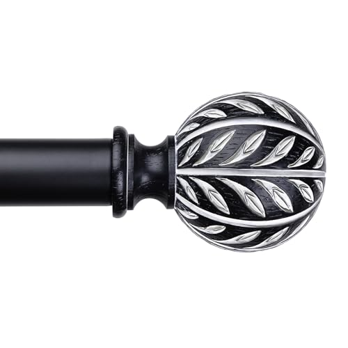 Long Black Curtain Rod 36-122 Inch, Decorative Farmhouse Curtain Rods for Windows, 1 Inch Adjustable Heavy Duty Vintage Rustic Window Treatment Rods with Faux Wood Grain Leaf Finials