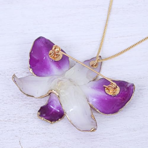 NOVICA Handmade .925 Sterling Silver 22k Gold accented Orchid Petal Pendant Necklace Crafted Plated Natural Flower Leaf Brass Thailand Floral 'Orchid Magic in Purple'4