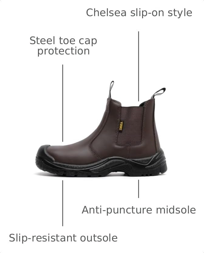 Image of DRKA Men's Chelsea Steel Toe Work Boots - Waterproof, Slip-Resistant, Anti-Puncture Safety Shoes for Construction & Outdoor Work