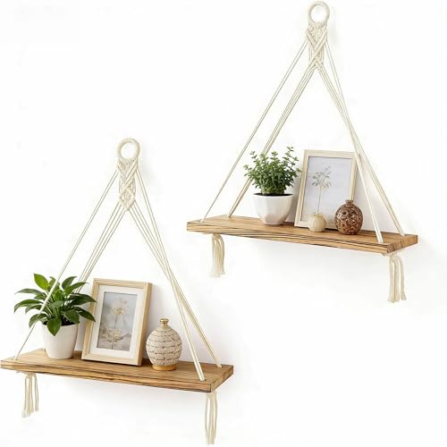 Rujevia 2er Hängeregal Holz, Makramee Wandregal, Boho Deko Wand für Wohnzimmer Schlafzimmer Kinderzimmer Balkon