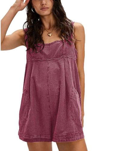 Sdipipo Womens Summer Casual Loose Plaid Rompers Strap Square Neck Backless Sleeveless Short Jumpsuit Overalls Dress(0008-Red-M)