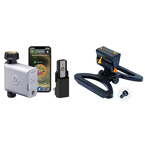 Orbit 21004 B-hyve Smart Hose Faucet Timer with Wi-Fi Hub & Melnor 65003-AMZ MiniMax Turbo Oscillating Sprinkler with QuickConnect Product Adapter Watering Set, On Base, Black, Yellow