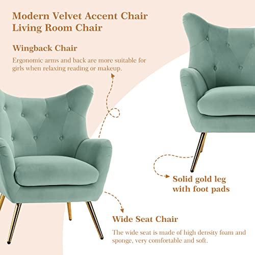 HULALA HOME Velvet Accent Chair, Modern Wingback Arm Chair with Metal Gold Legs, Velvet Tufted Upholstered for Living Room Bedroom, Dining Room(SAGE) - Image 4