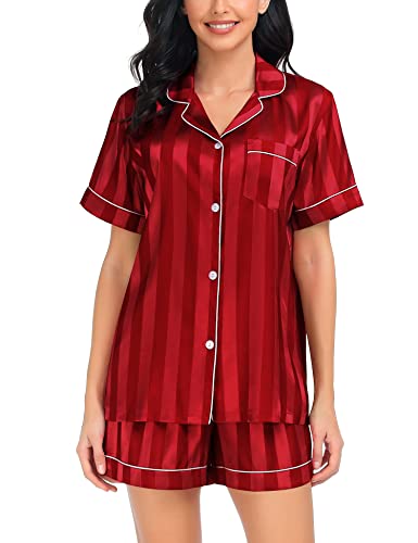 Image of SWOMOG Satin Matching Pajamas Sets Couple Silk Button Down Nightwear Women & Men Short Sleeve Sleepwear 2 Pieces Loungewear
