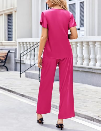Image of Ekouaer Women's Satin Silky Pajama Set 2 Piece Short Sleeve Shirt with Long Pants Pjs Sets Soft PJ Loungewear S-XXL