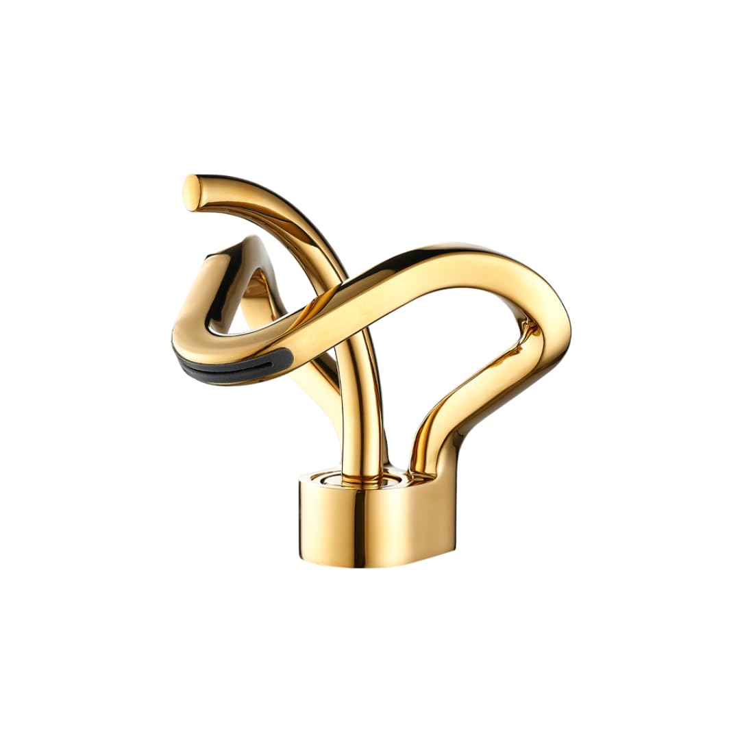 Grifo mezclador de lavabo negro y dorado con elegante efecto cascada para baño moderno