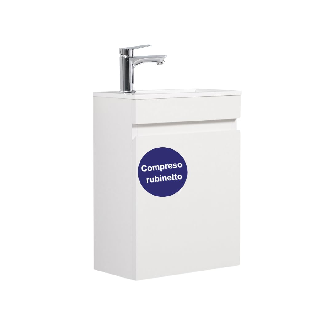 Mobile Bagno Sospeso 40cm con Lavabo in Resina - Mobiletto Salvaspazio per Bagno di Servizio - Già Assemblato (Bianco 40cm, Con Rubinetto Cromo)
