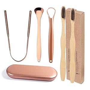 Tongreiniger tongschraper van koper roségoud – set van 5 herbruikbare metalen tongreiniger schraper met etui, bevat 2…