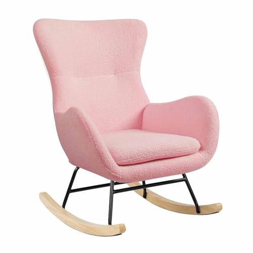 ERoomQ Nursery Rocking Chair with High Backrest and Armrests, Teddy Velvet Upholstered Baby Rocking Chair for Baby Nursery, Living Room, Bedroom,White(Pink)
