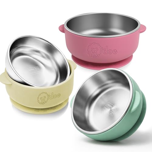 odoe Suction Bowls for Baby Non-Toxic Stainless Steel Baby Bowls with Suction 5 BPA-Free Baby Bowls for Weaning & Self Feeding (Green + Rose + Beige)