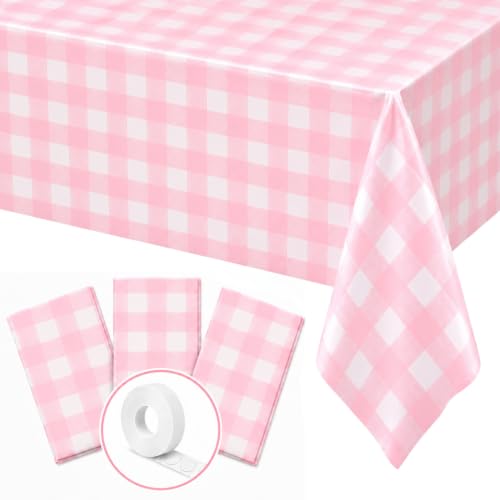 Image of Blue Orchards Pink Gingham Table Cover (Pack of 3 with 20 Glue dots) - 54 inchx108 inch XL - Pink and White Checkered Plaid Picnic Tablecloth, Baby & Bridal Shower Decoration, Outdoor Birthday Party Supplies
