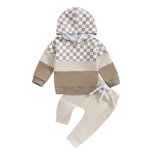 Image of Douhoow Infant Baby Boy Outfits Baby Boy Hoodies Sweatshirt + Drawstring Pants Baby Boy Fall Winter Clothes Set (Khaki plaid, 6-12 Months)