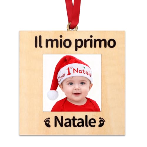 DPKOW Il Mio Primo Natale Cornice Portafoto Pallina Regalo per Neonato Primo Natale Albero Decorazioni Addobbi palla Neonato Ricordo Cornice Porta Foto di Legno, Originali 1° NATALE
