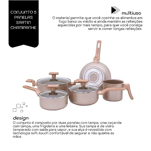 Mimo Style Conjunto 5 Panelas Sartin Cook Estrutura em Alumínio Revestida em Cerâmica, Base Alto Relevo. Tampa Vidro Temperado Alças e Cabos Soft-Touch. Fogão a Gás, Elétrico e Vitrocerâmico