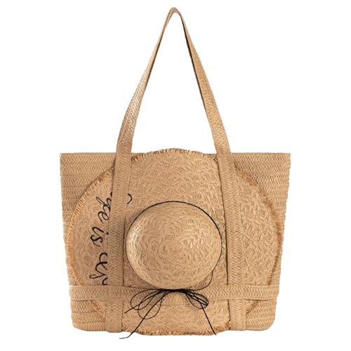 SKYK Straw Beach Tote Bag for Women-Summer Beach Handbag with Hat Holder and Sun Hat-Large Travel Tote Bags with Zipper