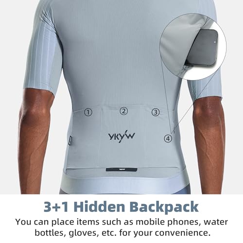 Image of YKYWBIKE Cycling Jersey Men Aero Race Fit, Road Bike Jersey Short Sleeved Moisture Wicking, Breathable,Zip Pocket,UPF50+