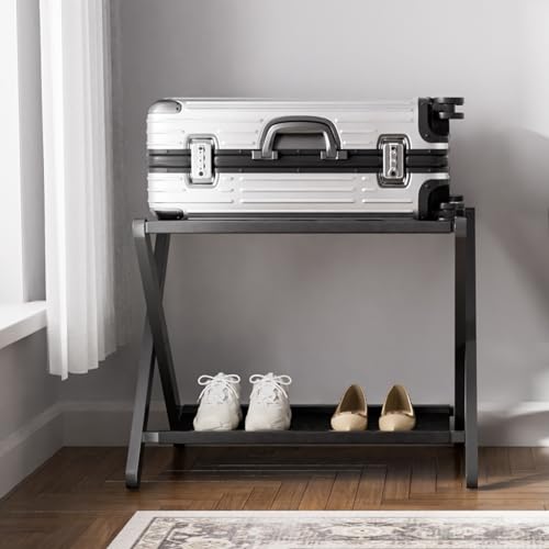HITNET Kofferständer Schwarz, Bambus-Gepäckträger für Gästezimmer, Kofferablage mit Stoffablage, Kofferhocker für Hotel und Schlafzimmer bis 60kg