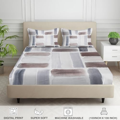 Image of Signature Digital Print Geometric Designs Super King Size Bedsheet - 108 x 108 inches | 100% Cotton-Feel Soft Fabric | Fade-Resistant Colors | 2 Matching Pillow Covers (Stone Brush)