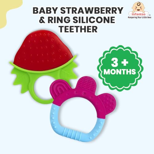 Image of Infantso Non-Toxic Food-Grade Silicone Baby Teether, BPA-Free for Pain-Relief Easy Teething, for 2+ Months Babies (Ring Blue & Strawberry Red)