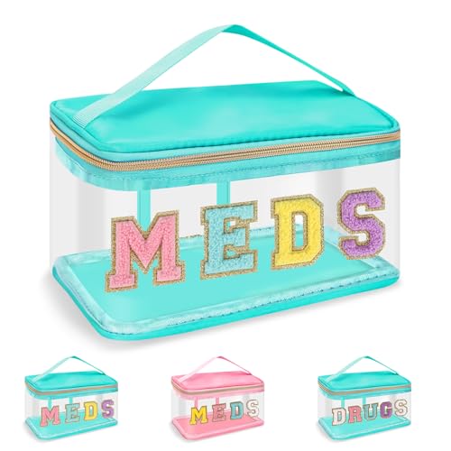 Clear Patch Letter Bag Medicine Drugs Pouch with Handle, Travel Chenille Letter Makeup Cosmetic Bag for Women Girls, Waterproof Nylon PVC Zipper Toiletry Meds Storage Case Stadium Bag(Green, MEDS)