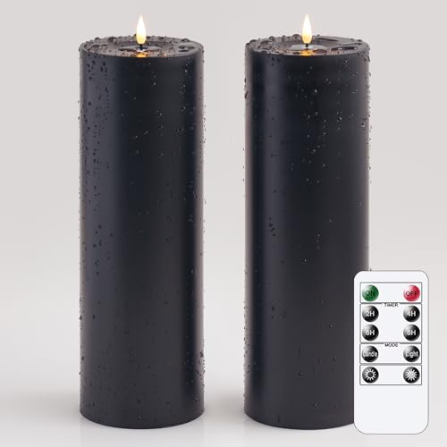 Image of Waterproof 4 inch x 12 inch Flameless LED Remote Candles, Battery Operated Flickering Fake Timer Pack of 2 Tall Large Plastic Black Pillar Lasting 420 Hrs Outdoor Candles for Halloween Festival