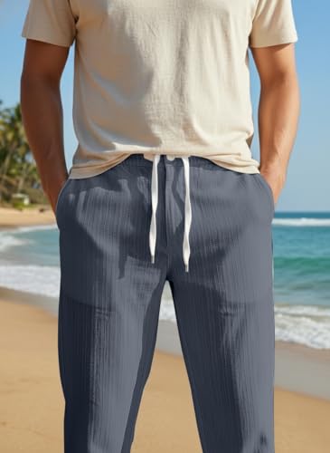 Image of Men's Linen Drawstring Pants, Casual Beach Trousers, Lightweight Breathable