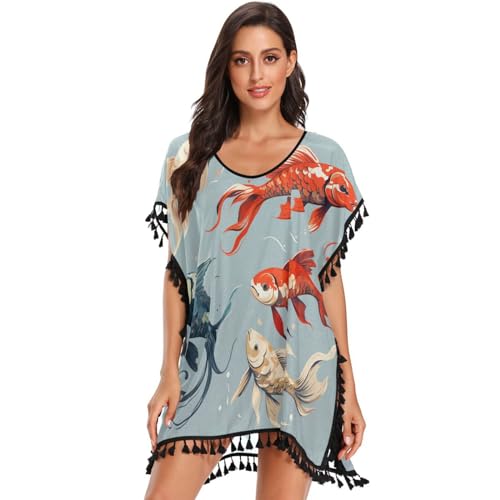 Lucky Fish Art Women's Beach Cover Up Chiffon Tassel Swimwear Swimsuit Coverups for Girl