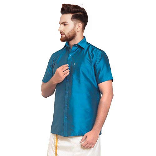 Image of SJS-Men's Half Sleeve Solid Art Silk Shirt