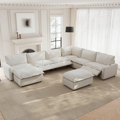 Image of 140.16 inch Power Reclining Sofa with Wireless Charging & Heated Seats,Smart Recliner Sectional Couch,Zero Gravity Recliner Sofa,Deep Seat Cloud Couch for Living Room Home Theater,Beige,8 Seats