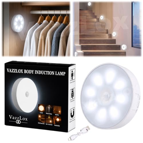 Image of VazzLox Motion Sensor LED Light (White | Pack of 1) Wireless USB Rechargeable Self-Adhesive Motion Sensor Light for Home Indoor Auto On /Off Cabinet Light Wardrobe Lights with Sensor Stairs Night Light
