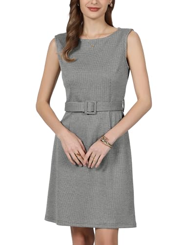Robe crayon à carreaux pied-de-poule sans manches et col bateau Hobemty avec ceinture