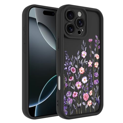 Image of Designed for iPhone 16 Pro Case, Cute Flower Floral Pattern Design, Thickened Soft TPU Liquid Silicone Protective Cover for Women Girls - Black