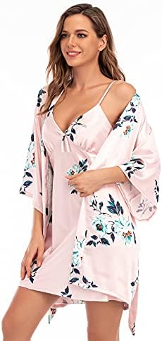 Escalier Women's Silk Satin Pajamas Sets 2Pcs Floral Silky Pj Robe Set with Chemise Nightgown Pink Floral L