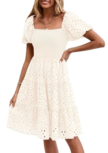 PRETTYGARDEN Womens Summer Puff Sleeve Mini Dress Off Shoulder Eyelet Smocked A Line Casual Babydoll Short Dresses