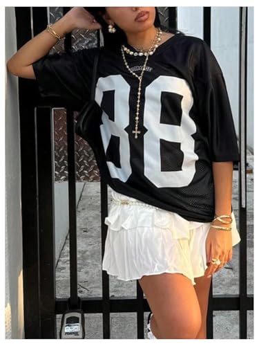 COZYEASE Women's Plus Size Jersey Shirt Number Graphic V Neck Half Sleeve Loose T Shirt Streetwear3