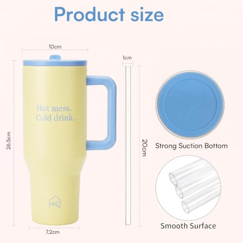Image of House of Quirk 1200ML Tumbler with Handle & Simple Flip Straw - Car Cup Holder Friendly, Leak Resistant Water Bottle-Reusable Insulated Stainless Steel & Rubber Base (Butter Yellow)