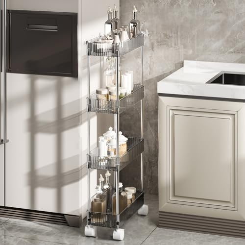 Carro de almacenamiento delgado, carrito utilitario rodante de 3 niveles con estantes acrílicos transparentes para baño y cocina, carrito móvil portátil y que ahorra espacio.