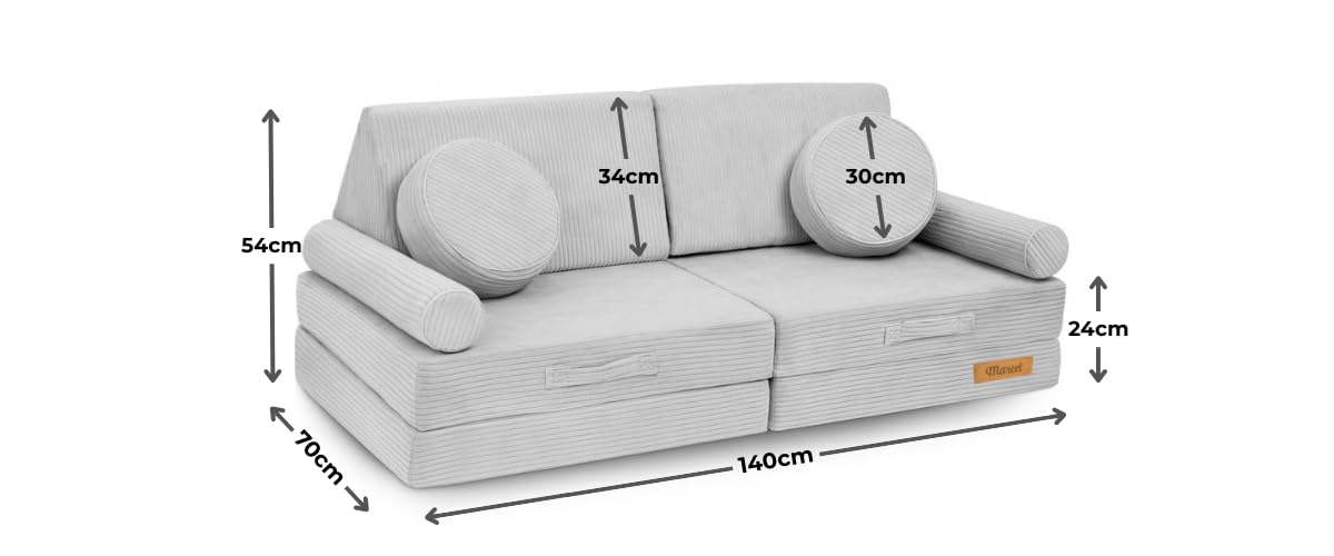 Flumi Sofa dziecięca, 10-częściowa, do pokoju dziecięcego, z nadającymi się do prania pokrowcami, możliwość spersonalizowanego imienia (sztruksowa szara)
